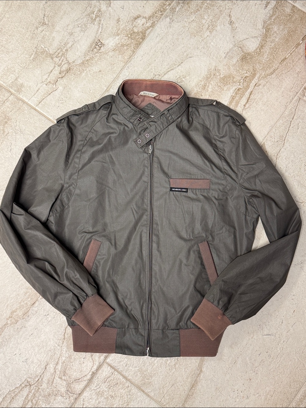 Members Only Olive Green Bomber Jacket with Brown Trim
